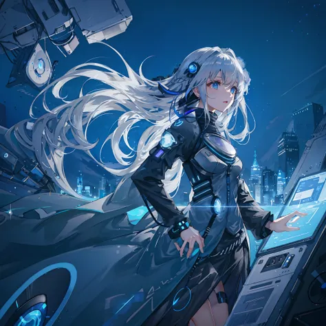 Luna Nova has long, flowing silver hair that shimmers like stardust. Her eyes are a vibrant shade of electric blue, reflecting her connection to futuristic technology. She stands at an average height with a slim and athletic build. Luna Nova has a small, g...