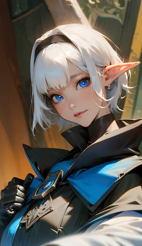 elf woman, 1girl, ((rock jacket)), black clothing, with black Cloak, royal blue tunic over plate armor, white hair, asymmetrical bangs, short hair, detailed eyes, beautiful, hyperdetailed face, witch symbols,insanley detailed face and eyes, Perfect lips, e...