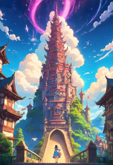 Tower of fantasy in land, built soaring high into the sky, magic world, cloud, magic element surrounded tower, magical creature, magical beast, cinematic, intricate and highly detailed, (ultra-detailed CG unity 8K wallpaper), shot from bellow, low angle, o...