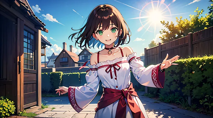 Shoko Sasanami, Walfrabe, 1 girl, Brown hair, Green eyes, Fantasy world, 废墟, Bang, Beautiful sky, shiny sky, Sunshine, Smiling, Waving, bag over the waist, Wristbands, ribbon choker, Dress with blowing air, Lace dress, Long sleeves, Off-the-shoulder sleeve...