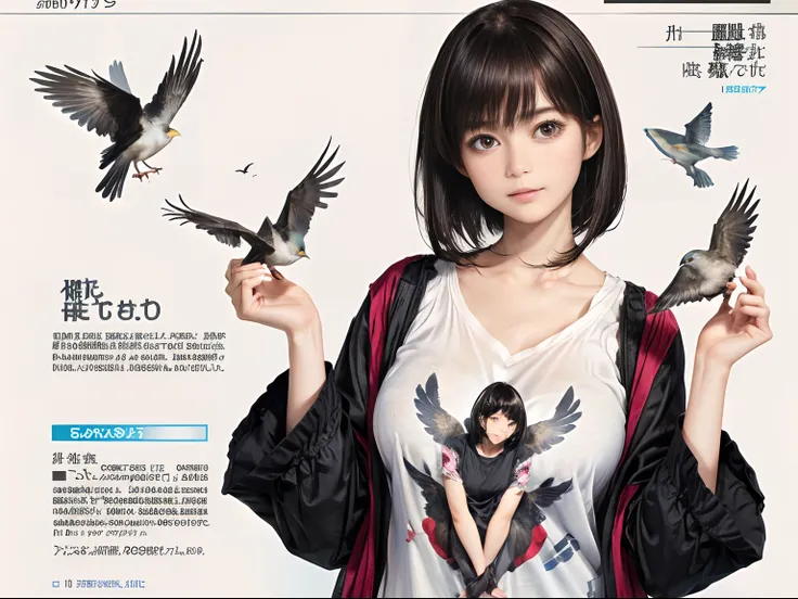 62
(a 20 yo woman,is standing), (A hyper-realistic), (masutepiece), ((A dark-haired、short-hair:1.3)), (Silky hair), (Breast), (Gentle expression), (Clothes printed with bird letters)