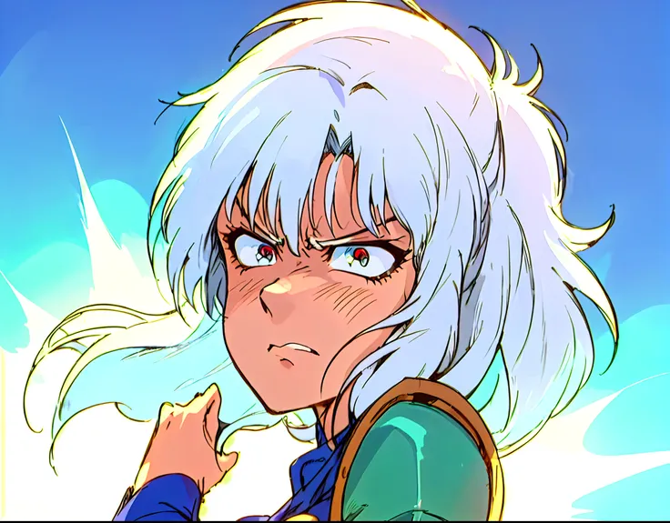 close up portrait, 1girl as female in blue suit armor, white hair, portrait shot, long hair, front view, shortstackBT, looking angry, in HNKstyle, 80s anime