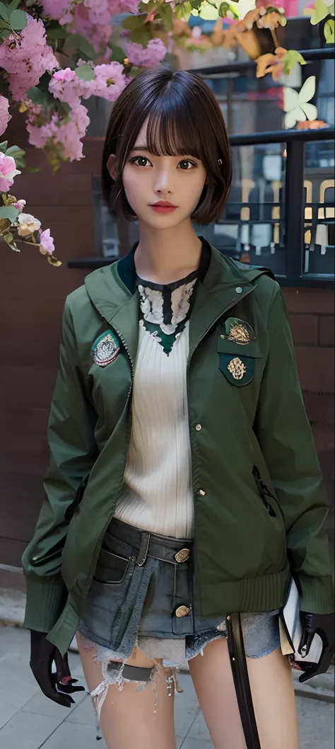 1 girls, short hair, green jackets, realistic, ultra detail