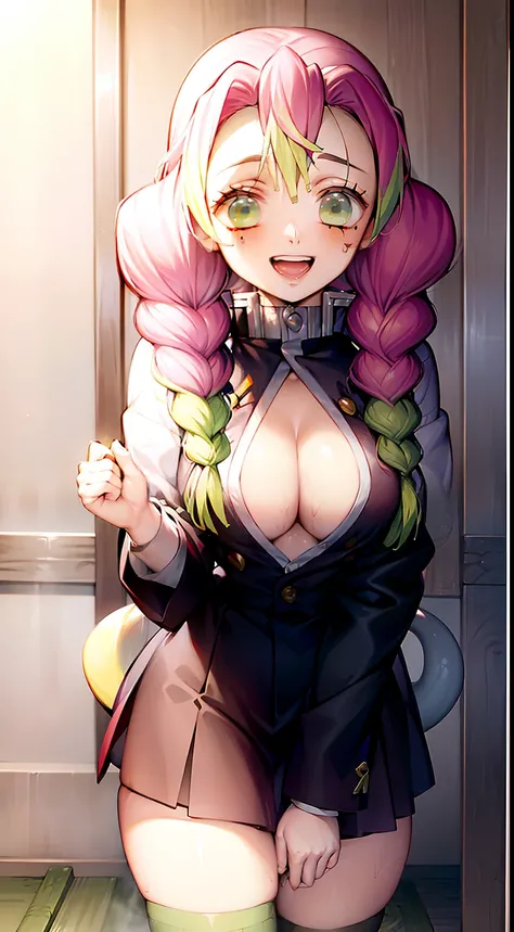 Sexy, Erotica, Hot springs, a 1girl, beautiful big breasts, rose hair, Bright green color at the ends of the hair, MitsuriKanroji,stands in full growth, (Body Full 1:1), Dazzling, smil, pectorals, Demon Slayer, Demon Slayer Art Style, demon slayer rui fana...