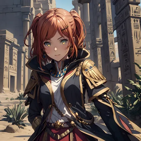 masterpiece, best quality, 1girl, teenager, female focus, solo, Orange hair, vibrant yellow eyes, twin tail hair, looking at viewer, closed mouth, Fantasy aesthetics, fantasy earring, Highly detailed, shadowverse style, egyptian aesthetic, egyptian outfit,...