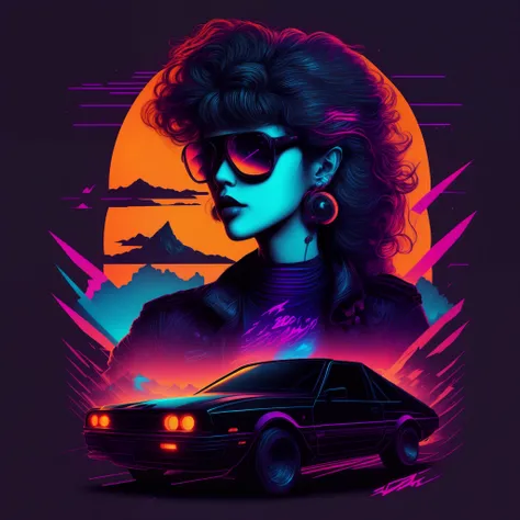 Hot Girl, car, vectorized, synthwave, purple blue red orange, bright neon colors on a dark background,