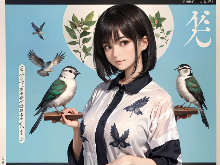 62
(a 20 yo woman,is standing), (A hyper-realistic), (masutepiece), ((A dark-haired、short-hair:1.3)), (Silky hair), (Breast), (Gentle expression), (Clothes printed with bird letters)