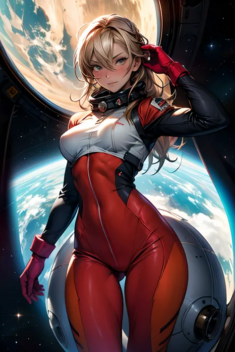 sandy hair muscular large breasts slender thighs slender waist pilot suit solo looking at viewer in space long hair blushing determination