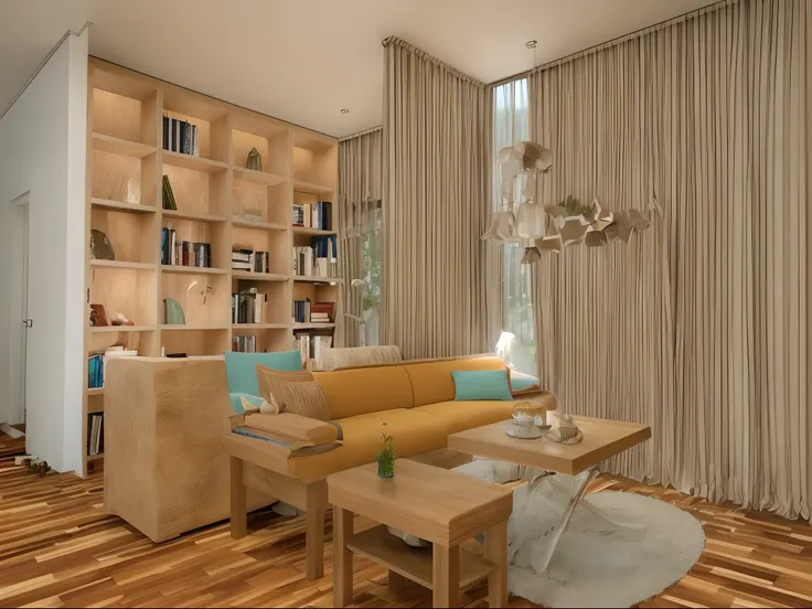 Bright living room，Wood grain flooring, sofe, Table, Bookshelves and curtains