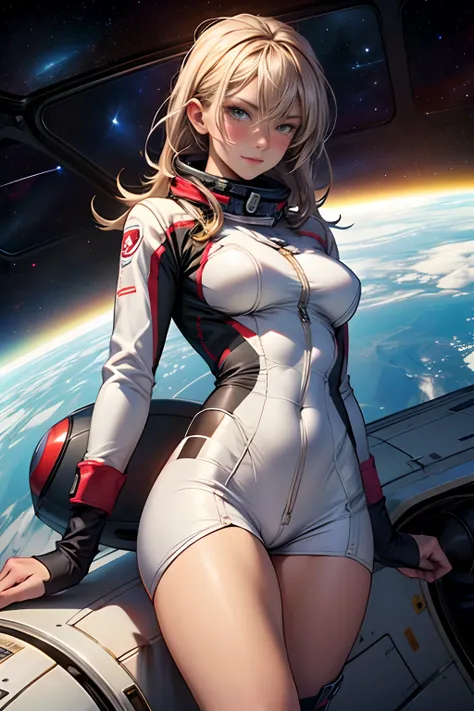 sandy hair fit body large breasts slender thighs slender waist pilot suit solo looking at viewer in space long hair blushing determination