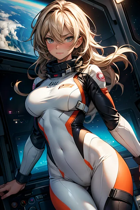 sandy hair fit body large breasts slender thighs slender waist pilot suit solo looking at viewer in space long hair blushing determination