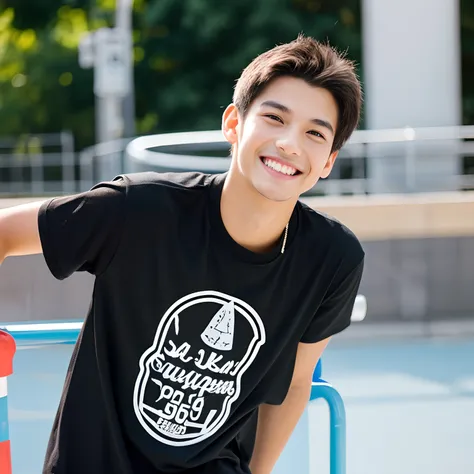 a black T-shirt　skater　 Smiling smile