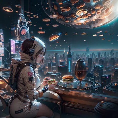 in a panoramic view，photorealestic，Realistic hamburger spaceship with cash injector，Fly over the galactic sky，Astronaut girl holding hamburger，eating burgers，Watch from the right side of the screen，Perfectcomposition，the detail，The light and shadow work be...