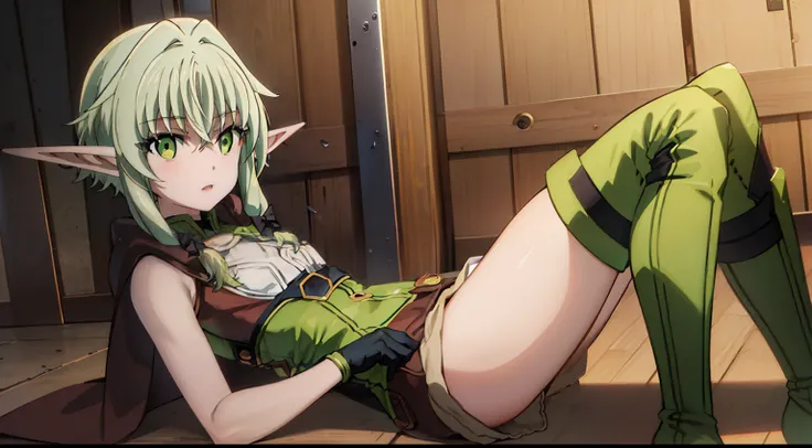 beautiful breasts, Fantasy Anime, Lovely Medium Breasts, Hayelfarherr, High Elf Archer, elf, (Green eyes:1.5), green hair, Hair between the eyes, hairlong, pointed ears, side locks, (flat chest:1.2), Asymmetrical Clothing BREAK, knee boots, cloak, elf, glo...