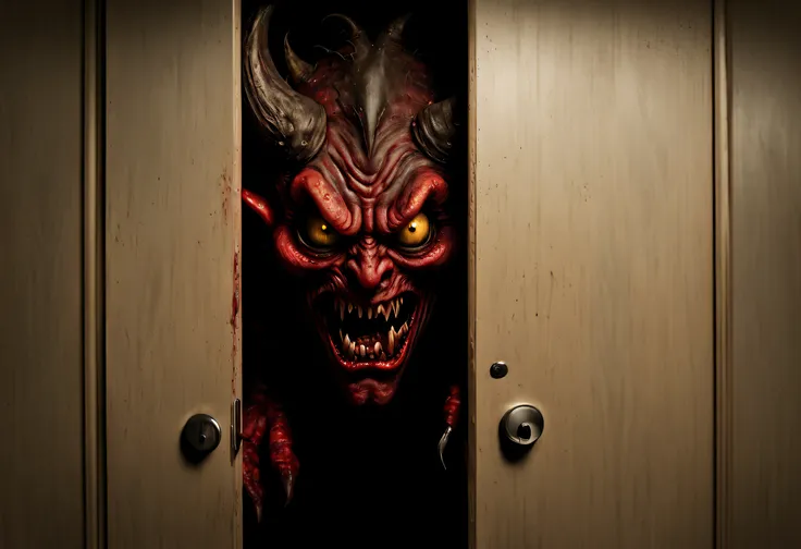 (best quality, 4k, 8k, high resolution, masterpiece: 1.2), ultra-detailed, (realistic, photorealistic, photorealistic: 1.37), HDR, UHD, studio lighting, (a photo of a creepy-looking demon peeking out of a closet :1.42), nightmare illustration, horror illus...