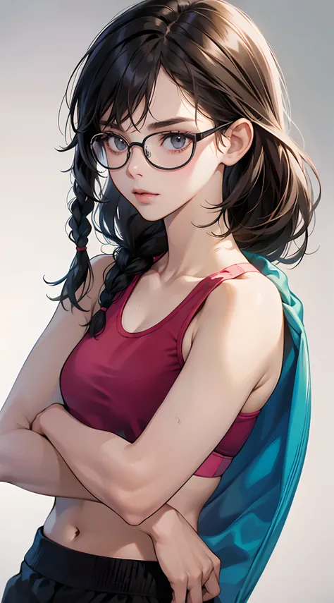 One lady,12year old,Sportsbra,Upper body portrait,A dark-haired,eye glasses,Braids,