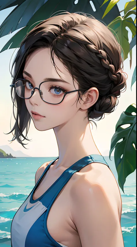 One lady,12year old,Sportsbra,Upper body portrait,A dark-haired,eye glasses,Braids,