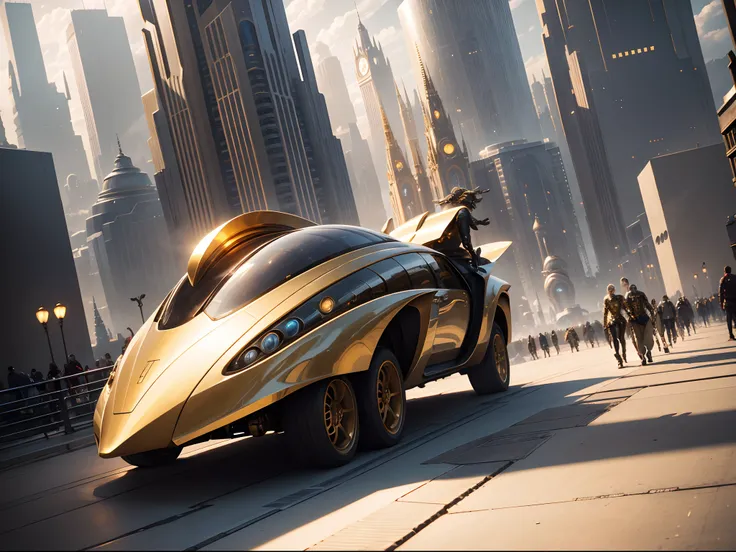 gold ivory, A futuristic cityscape known as Tomorrowland, Featuring an impressive fantastic design building，Silver abounds , Gold and bronze, and cyborgs strolling the streets.