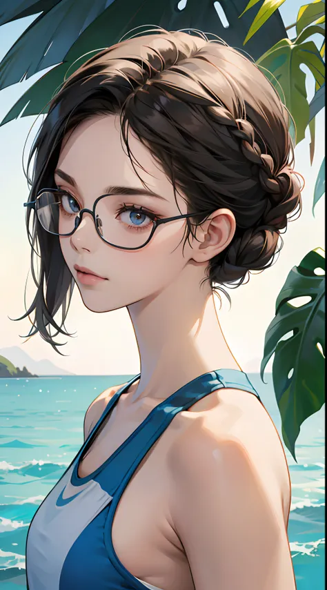 One lady,12year old,Sportsbra,Upper body portrait,A dark-haired,eye glasses,Braids,