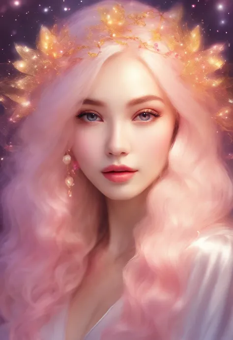 Mysterious glowing background with pink, yellow and white at the center、Light hair color、Women with long hair、Facing the front、Beautiful fece、Deities々Right、Friendly、nostalgic、Glittering background