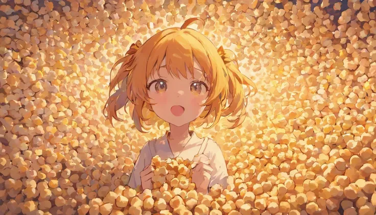 Happy 3D style girl with face looking diagonally with head sticking out inside a room full of popcorn, Muita pipoca