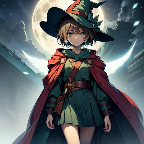 top-quality、extremely delicate and beautiful、((A teenage girl))、Green eyes、small tits 、Short hair、Brown hair、short-hair、(Green Wizard Hat)、（(Big blue ribbon on hat)）Soio、Skirt to the knee、Green clothing、long-sleeve、Red brooch on the neck、((Blue wizard robe...