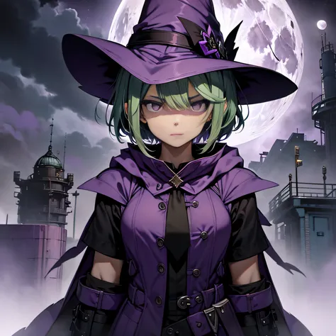 top-quality、extremely delicate and beautiful、(A teenage girl)、Purple Eye、Green hair、short-haired、(purple witch hat)、Purple tie、Tactical Vest、Soio、shortsleeves、Purple skirt、Purple Wizard Robe、Navel、is standing、Facing the front、Expression of hatred、Full moon...