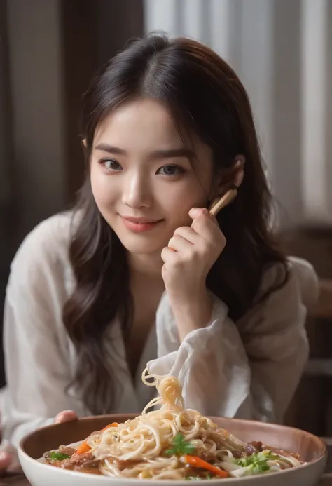 8K，Professional shadows、finedetail、realskin、foco nítido、Eye focus、tmasterpiece、top-quality、realistic detail、Sharp images、hentail realism、A high resolution、Smiling asian beauty eating noodles、age 22、Medium black hair，college girl、Holding chopsticks、Kind eye...