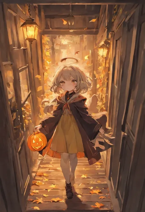 Boy dressed as a witch，Girl dressed as a witch，Silver-haired boy，Brown-haired girl，pumpkins，Halloween Imp，I stuck my head out of the doorway，lovely，The doorway is dotted with golden leaves and greens，in a halloween style，illustratio