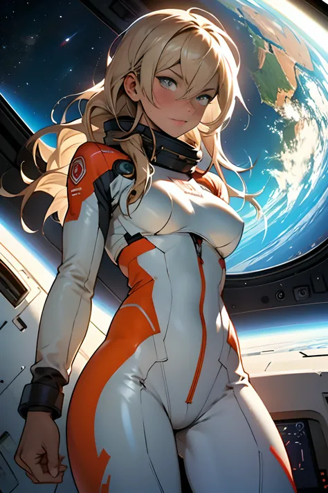 sandy hair fit body large breasts slender thighs slender waist pilot suit solo looking at viewer in space long hair blushing determination