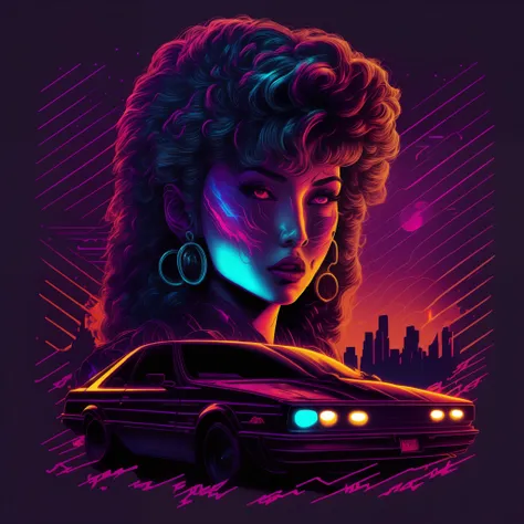 hot girl, car, vectorized, synthwave, purple blue red orange, bright neon colors on a dark background,