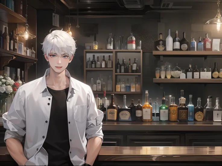 An 18-year-old boy with short white hair and white half-sleeves，Stand in front of the bar，With a smile，Upper body display，Inside a modern urban bar，grand master，tmasterpiece，8k wallpaper，CG，Ultra-high image quality