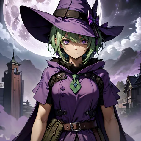 top-quality、extremely delicate and beautiful、(A teenage girl)、Purple Eye、Green hair、short-haired、(purple witch hat)、Purple tie、Tactical Vest、Soio、shortsleeves、Purple skirt、Purple Wizard Robe、Navel、is standing、Facing the front、Expression of hatred、Full moon...