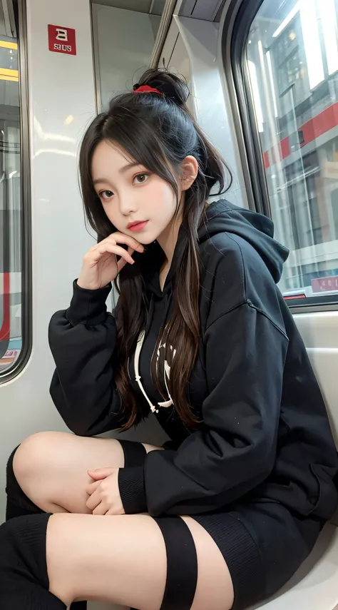 Long Hoodie， Black knee-high socks， Looking at Viewer， 1girl，Sitting on the train