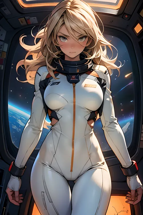 sandy hair fit body large breasts slender thighs slender waist pilot suit solo looking at viewer in space long hair blushing determination