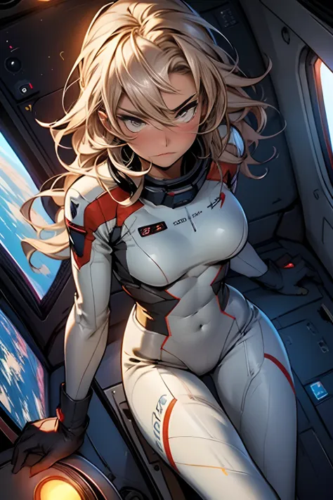 sandy hair fit body large breasts slender thighs slender waist pilot suit solo looking at viewer in space long hair blushing determination