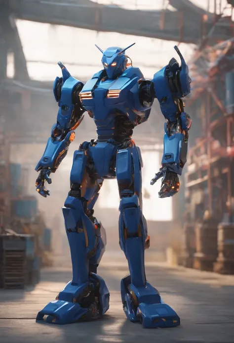 3D design，Frontal robot，The body structure of the robot is simple，Minimalist，The robot wears a combat suit，The robot stands with nunchucks in both hands，The robot stands up，Pose for Bruce Lees classic action，The robot is tall，Very high，Strong，Dark blue rob...