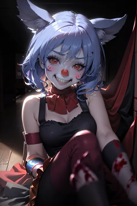 (,best quality, high resolution:1.3), dark dynamic lighting, dark lighting, exe (edgClussy:1.1) (sitting on end of hallway:1.2), looking, holding weapon, Exe, teeth, horror (theme), red eyes, smile, sharp teeth, glowing, dark, blood, tongue, grin, glowing ...