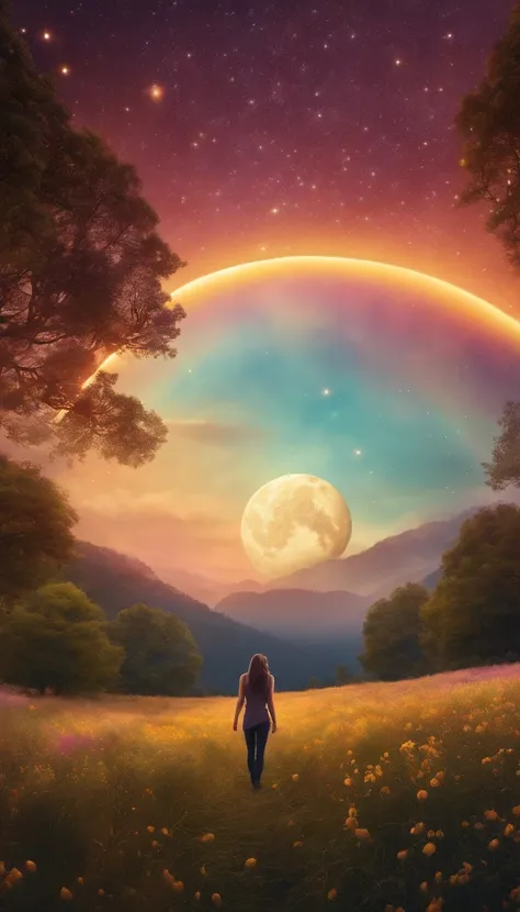 A wide landscape photo, (viewed from below, the sky is above, and the open field is below), a girl standing on a flower field looking up, (full moon: 1.2), (meteor: 0.9), (nebula: 1.3), distant mountains , Trees BREAK Crafting Art, (Warm Light: 1.2), (Fire...