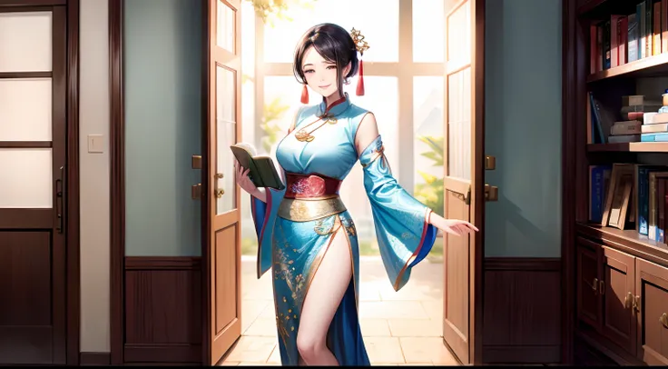 An elegant and intellectual classical Chinese woman, wearing a bellyband, standing at the door with a smile on her face, her skin is more radiant than snow, and her eyes are like a pool of clear water. There is a faint air of books.