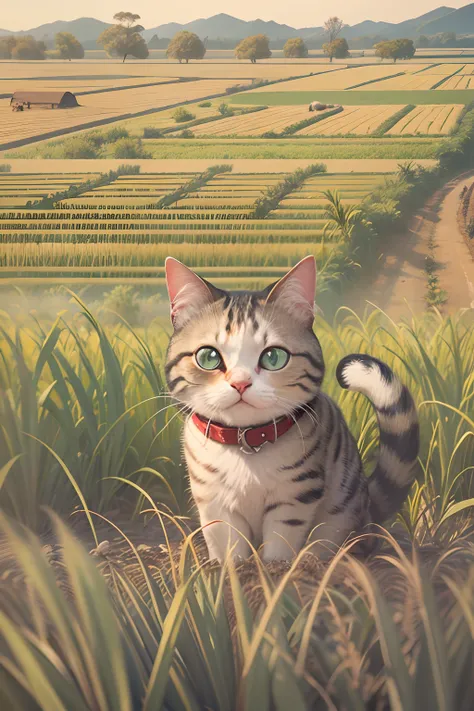 A round-eyed cat works in a rice field, Work with a hoe.