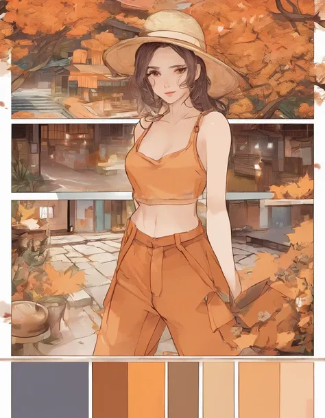 Tema Planejamento de Figurino: Autumn and winter return to dust，Estilo: Simplicidade urbana, estilo dinheiro velho, Reference mark TEME 2023. Moya Seoul 2023 cores: peach blossom, Amber brown, Detalhes laranja-amarelo: The top is smart，Casual pants with lo...