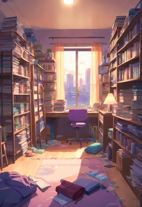 Best quality,4K,A high resolution,Masterpiece:1.2),Ultra-detailed,Realistic:1.37,Messy bedroom，There is no one inside, The socks under the bed do not match, Purple pants on the floor, The drawer of the desk was full of documents and books, Dirty laundry is...