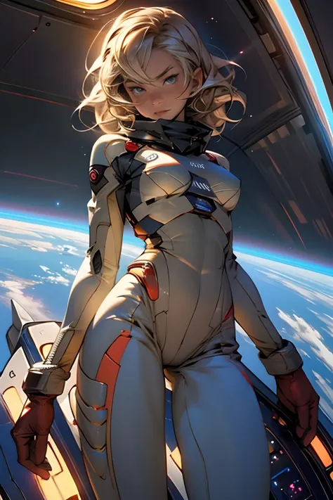 sandy hair fit body large breasts slender thighs slender waist pilot suit solo looking at viewer in space long hair blushing determination