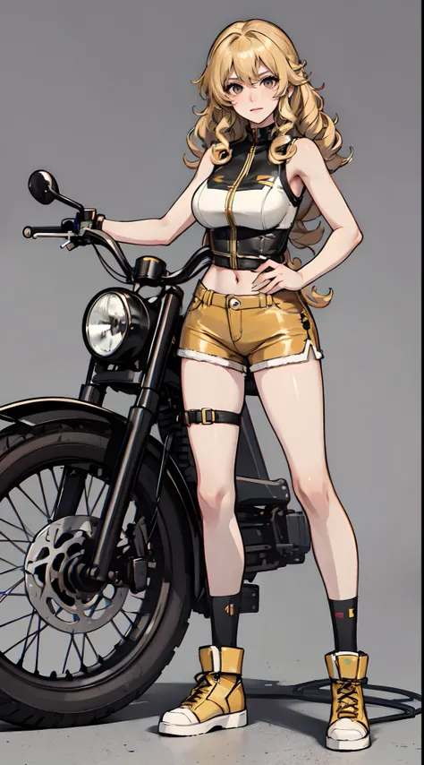 Light yellow curly hair，Beauty all over the body，Motorcycle girl，Stand head-on，Sleeveless shorts，leather shoes，greybackground