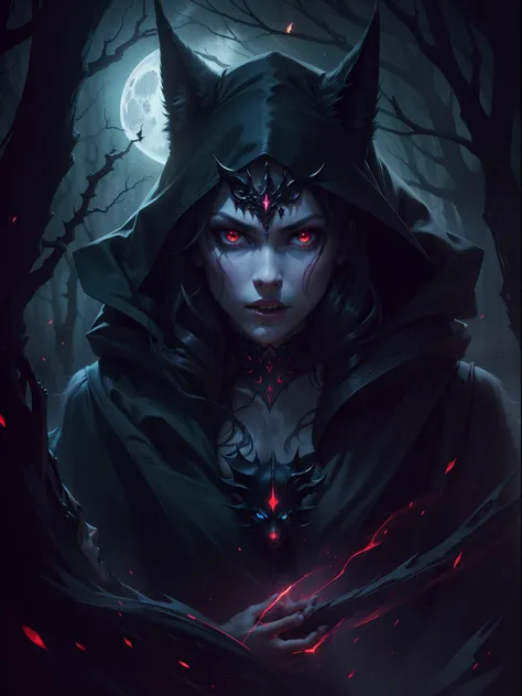 (highres:1.2),(realistic:1.37),devil girl,pet wolf,dark fantasy,enchanted forest,magic powers,glowing eyes,demonic features,black cloak,ominous atmosphere,moonlit night,sharp fangs,pale skin,ominous shadows,detailed facial expressions,dark tendrils,nightma...