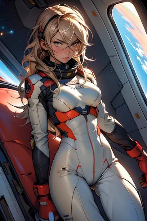 sandy hair fit body large breasts slender thighs slender waist pilot suit solo looking at viewer in space long hair blushing determination