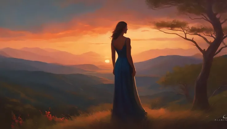 Painting a woman standing on a mountain overlooking the valley, inspired by Jakub Schikaneder, Twilight ; Digital painting, Inspired by RHADS, Twilight ; digital oil painting, inspired by Alena Aenami, matte digital painting, Desolate. Digital illustration...