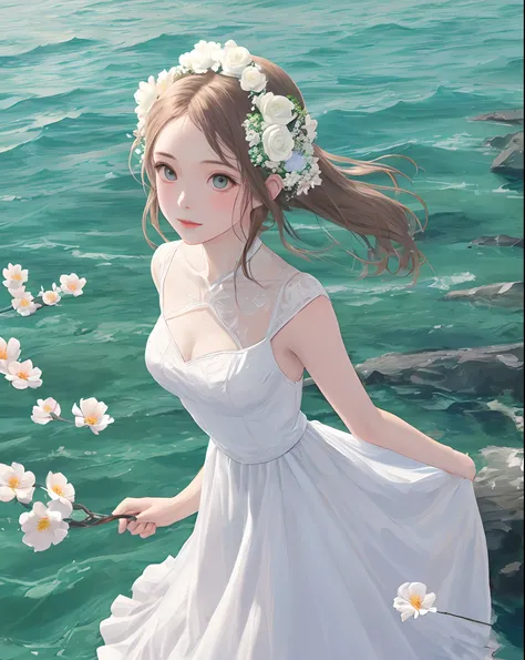 Girl in a white dress flowers blooming in the sea