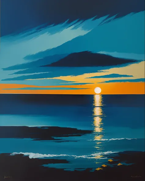 Rework the painting "Moonrise by the Sea" so that by abstraction,changed skill or a new design language clearly changes the entire pictorial effect into an expressive color and corporate space with landscape character, so dass ich es mit Gouache nachmalen ...